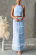Margovil Frill Trim Halter Backless Crop Top and Drawstring Waist Maxi Skirt Set