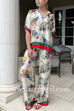 V Neck Short Sleeves Floral Print Satin Shirt
