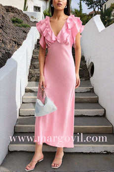 V Neck Short Sleeves Ruffle Satin Midi Dress