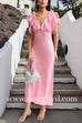 V Neck Short Sleeves Ruffle Satin Midi Dress