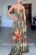 Strapless Smocked Ombre Print Swing Maxi Dress