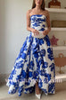 Strapless Ruched Bodice Full Skirt Floral Print Maxi Dress