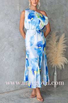 Asymmetric One Shoulder Tie Waist Slit Tie Dye Maxi Dress