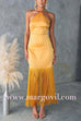 Margovil Halter Neck Patchwork Fringe Hem Satin Maxi Dress