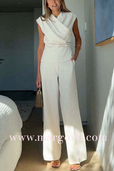 Chic Wrap V Neck Top and Wide Leg Pocketed Pants Set