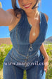 Margovil Zip Up Sleeveless Heart Back Bell Bottom Denim Jumpsuit
