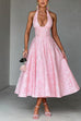 Margovil Halter V Neck Waisted Jacquard Swing Midi Party Dress