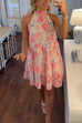Margovil High Neck Sleeveless Floral Print Ruffle Tiered Mini Dress