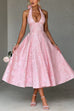 Margovil Halter V Neck Waisted Jacquard Swing Midi Party Dress