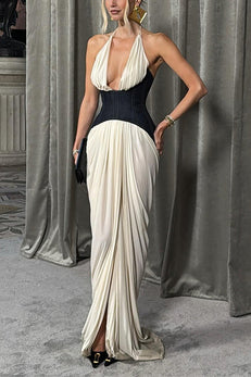 Halter Backless Denim Corset Drappy Slit Maxi Dress