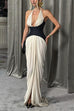 Halter Backless Denim Corset Drappy Slit Maxi Dress
