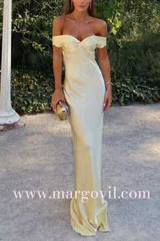 Margovil Off Shoulder Backless Cut Out Satin Maxi Dress