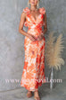 V Neck Back Lace-up Ruffle Trim Floral Print Maxi Dress