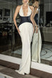 Halter Backless Denim Corset Drappy Slit Maxi Dress