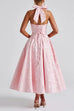 Margovil Halter V Neck Waisted Jacquard Swing Midi Party Dress