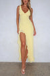 Margovil V Neck Sleeveless Ruffle High Slit Midi Dress