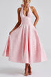 Margovil Halter V Neck Waisted Jacquard Swing Midi Party Dress