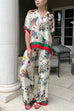 Wide Leg Color Block Floral Print Satin Pants