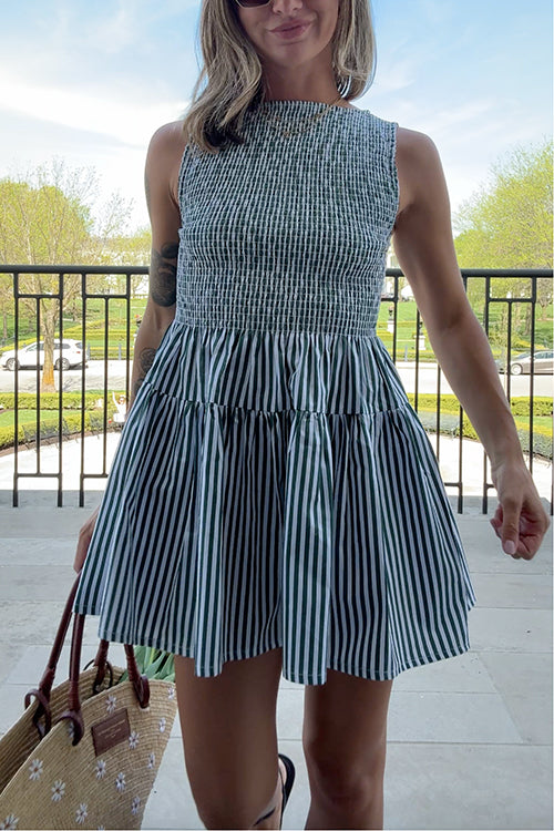 Boat Neck Sleeveless Smocked Bodice Striped Mini Dress