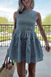 Boat Neck Sleeveless Smocked Bodice Striped Mini Dress