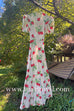 Ruffle Short Sleeves Tie Back Strawberry Print Swing Maxi Dress