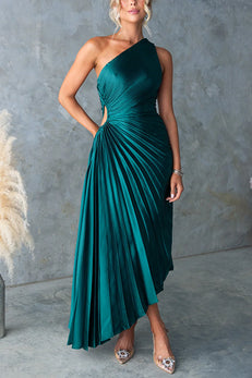 Margovil One Shoulder Cut Out Waist Pleated Satin Maxi Dress