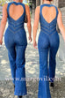 Margovil Zip Up Sleeveless Heart Back Bell Bottom Denim Jumpsuit