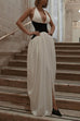 Halter Backless Denim Corset Drappy Slit Maxi Dress