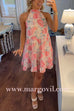 Margovil High Neck Sleeveless Floral Print Ruffle Tiered Mini Dress