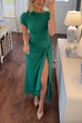 Short Sleeves Draped Slit Bodycon Maxi Dress