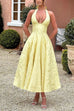 Margovil Halter V Neck Waisted Jacquard Swing Midi Party Dress