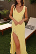 Margovil V Neck Sleeveless Ruffle High Slit Midi Dress