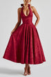 Margovil Halter V Neck Waisted Jacquard Swing Midi Party Dress