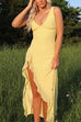 Margovil V Neck Sleeveless Ruffle High Slit Midi Dress