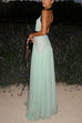 Margovil Deep V Neck Halter Backless Color Block Bow Maxi Dress