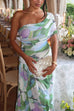 One Shoulder Ruched Floral Print Maxi Party Dress