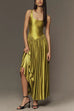 U Neck Sleeveless Pleated Satin Maxi Dress