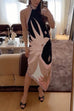 Margovil Halter Neck Open Back Asymmetric Hem Printed Satin Midi Dress