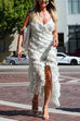 Spaghetti Strap Ruffle Trim Slit Floral Print Maxi Dress