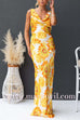 Cowl Neck Open Back Sun-Kissed Floral Satin Maxi Dress