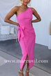 One Shoulder Sleeveless Knot Waist Wrapped Party Dress