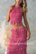 Margovil Halter Backless Crop Top and Ruffle Tiered Maxi Skirt Chiffon Set