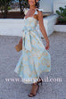 Margovil Ruffled Shoulder Bow Knot Waist Slit Printed Vintage Party Dress