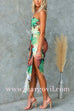 Ruched Drape Front Printed Bodycon Midi Cami Dress