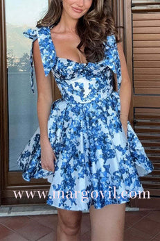 Margovil Bow Shoulder Floral Print A-line Mini Cami Dress