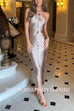 Margovil Halter Sleeveless Draped Fringe Bodycon Maxi Dress