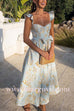 Margovil Ruffled Shoulder Bow Knot Waist Slit Printed Vintage Party Dress