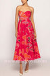 Strapless Waisted Floral Print Swing Midi Dress