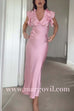 V Neck Short Sleeves Ruffle Satin Midi Dress