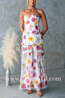 Strapless Floral Print Splice Flare Maxi Dress